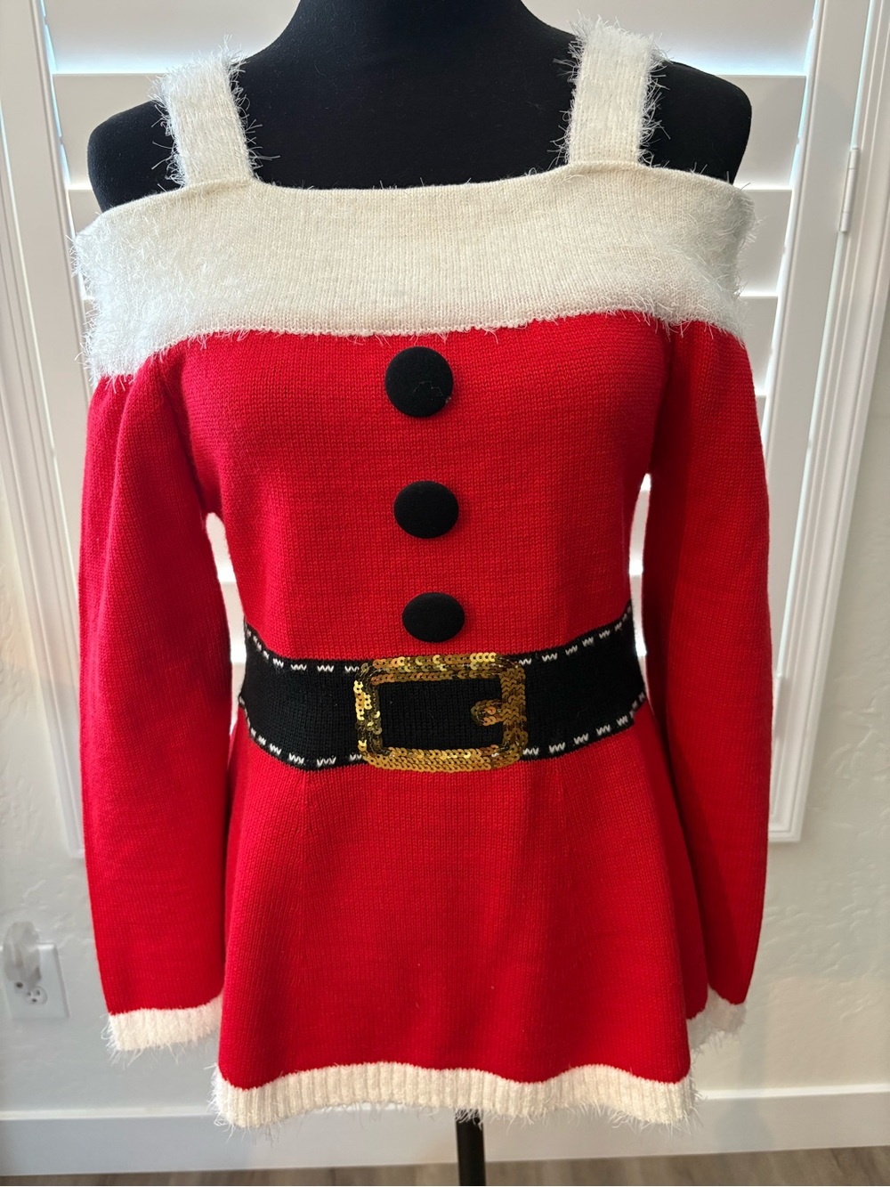 Xhilaration Red Off-Shoulder Santa Sweater with Gold Sequin Belt
